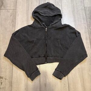BDG Black Waffle-Knit Cropped Zip Hoodie